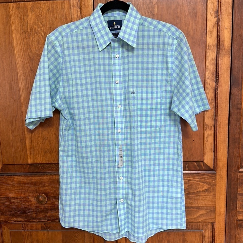 Stafford Shortsleeved Mint/Green Blue Check Buttondown Shirt Regular Fit 15 NWT
